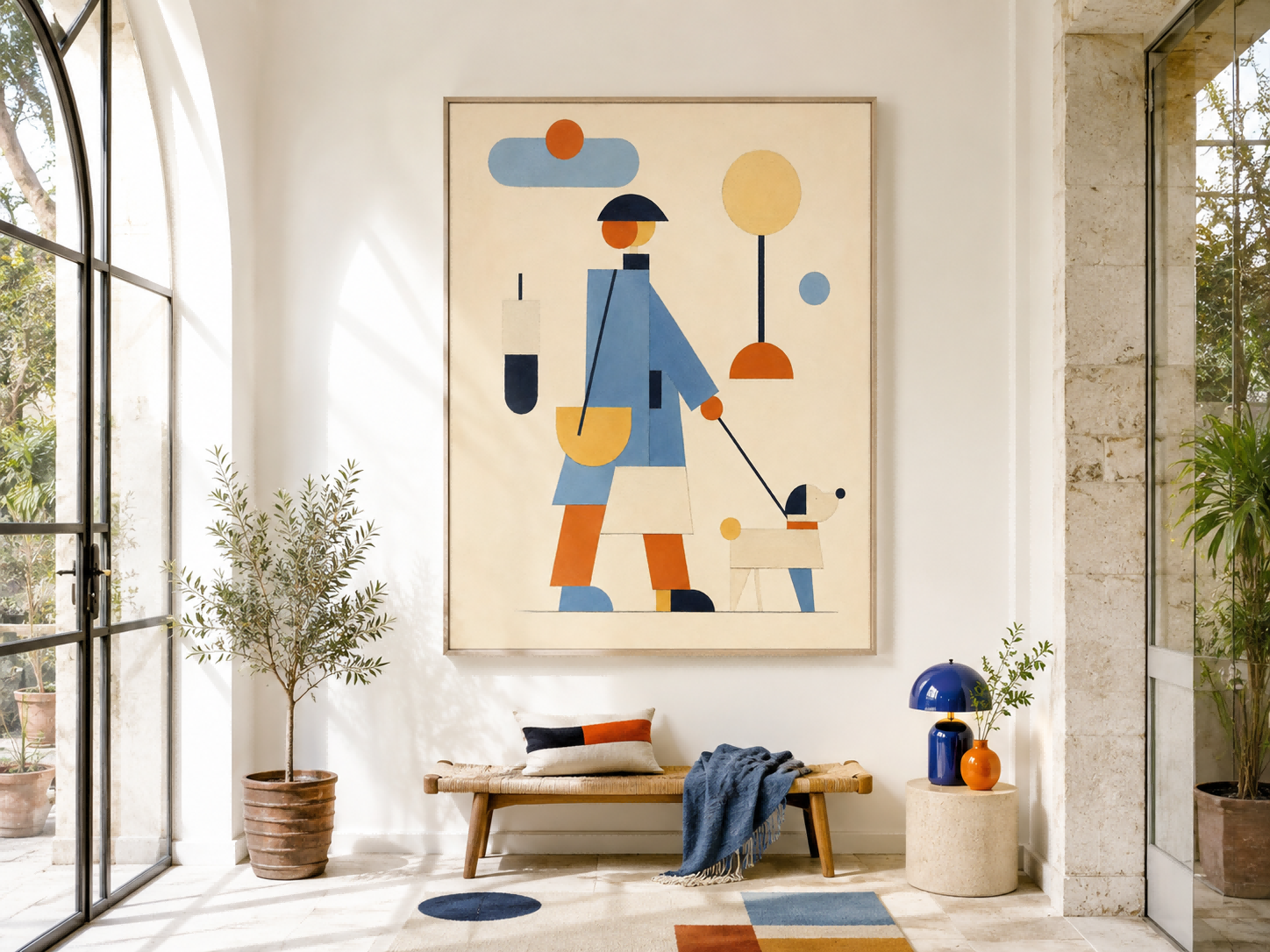 Minimalist Geometric Oil Painting Of Daily Life Scene With Abstract Shapes And Soft Colors