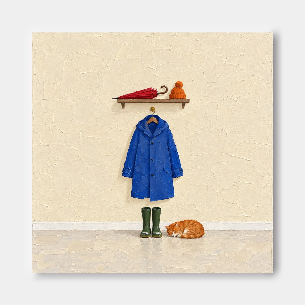 Hand-Painted Blue Coat And Sleeping Cat Canvas Art For Pet Lovers