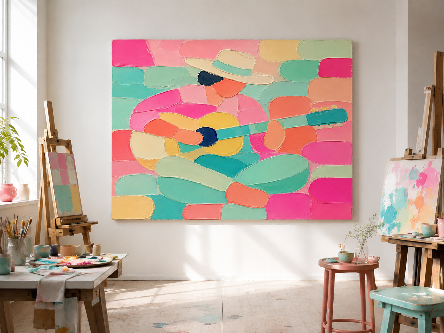 Modern Minimalist Guitar Player Oil Painting With Impasto Texture For Living Room Decor