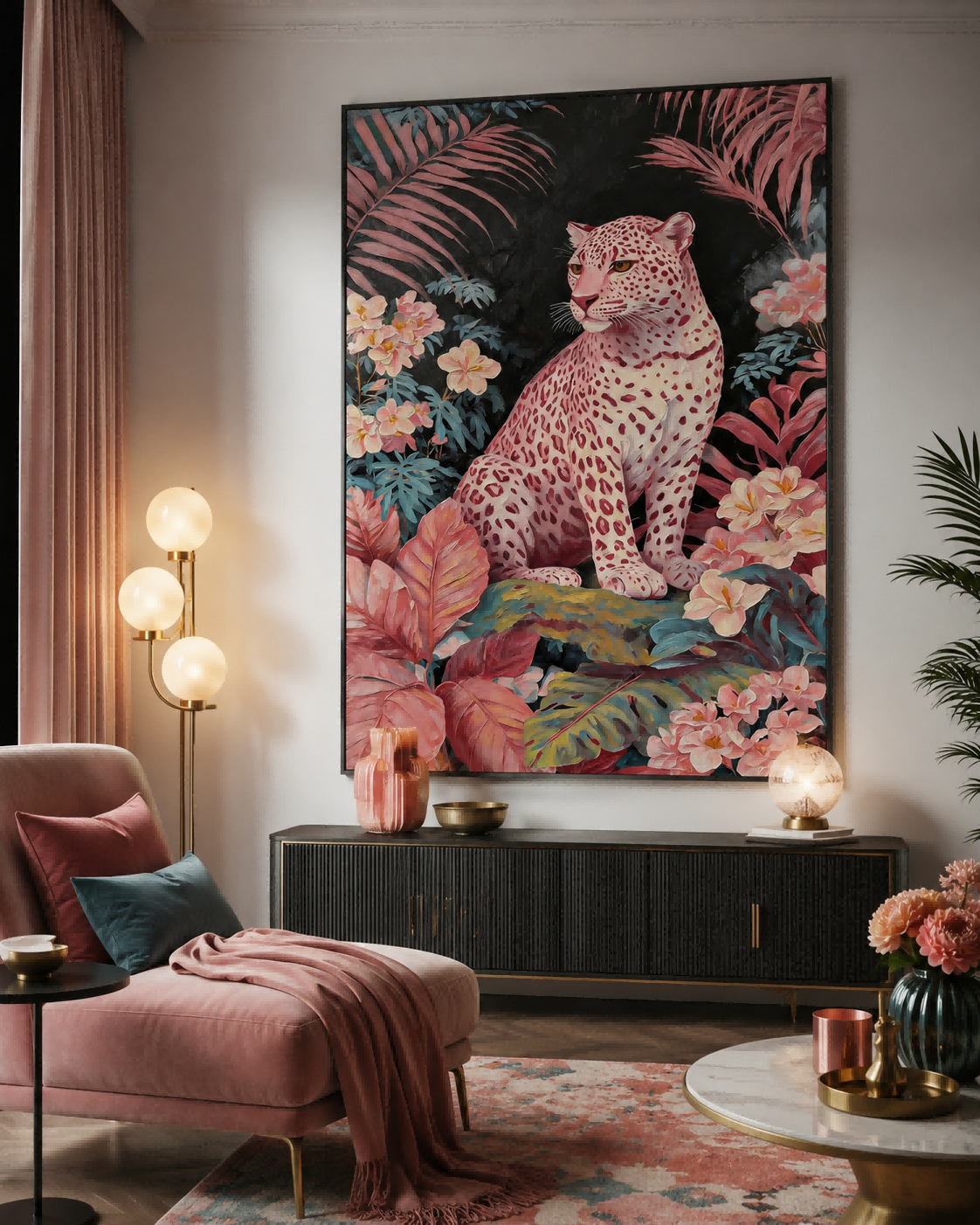Pink Leopard Painting In Tropical Jungle For Modern Living Room Wall Art Decor