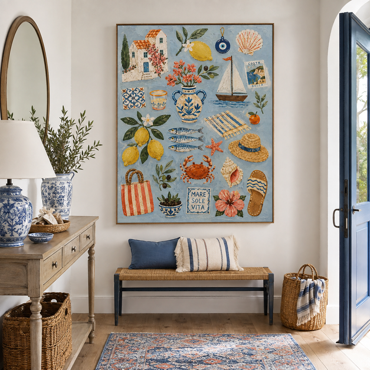 Mediterranean Bohemian Square Canvas Art With Lemons And Sea Life For Bright Living Room