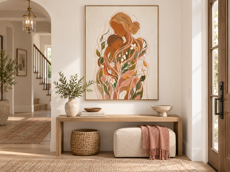 Bohemian Minimalist Abstract Painting Of Maternal Love And Nature