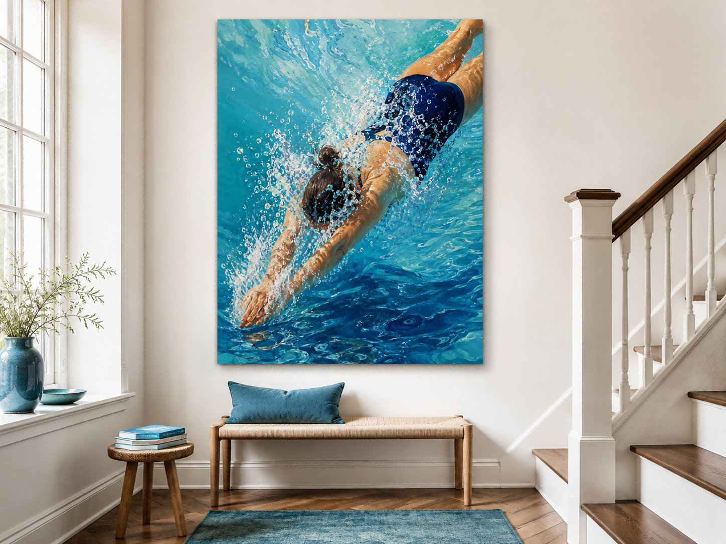 Impressionist Water Splash Art Blue Swimming Scene Canvas Print For Living Room