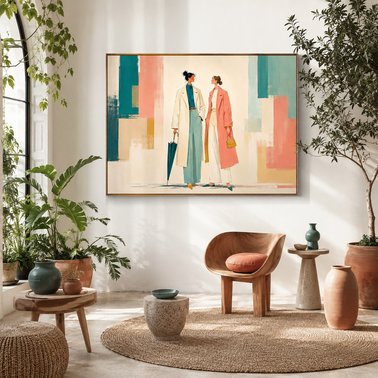 Modern Geometric People Art Print With Teal And Coral For Living Room Decor