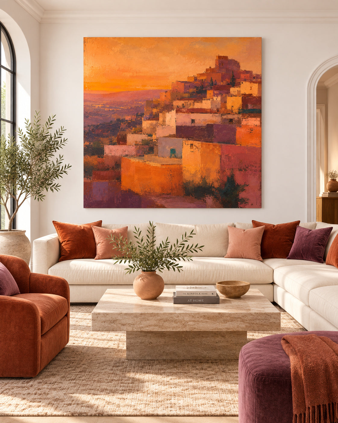 Hand-Painted Hillside Village Canvas Art In Warm Orange And Purple Tones