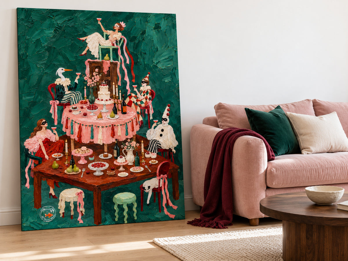 Surreal Masquerade Feast Hand-Painted Canvas Art With Green Background