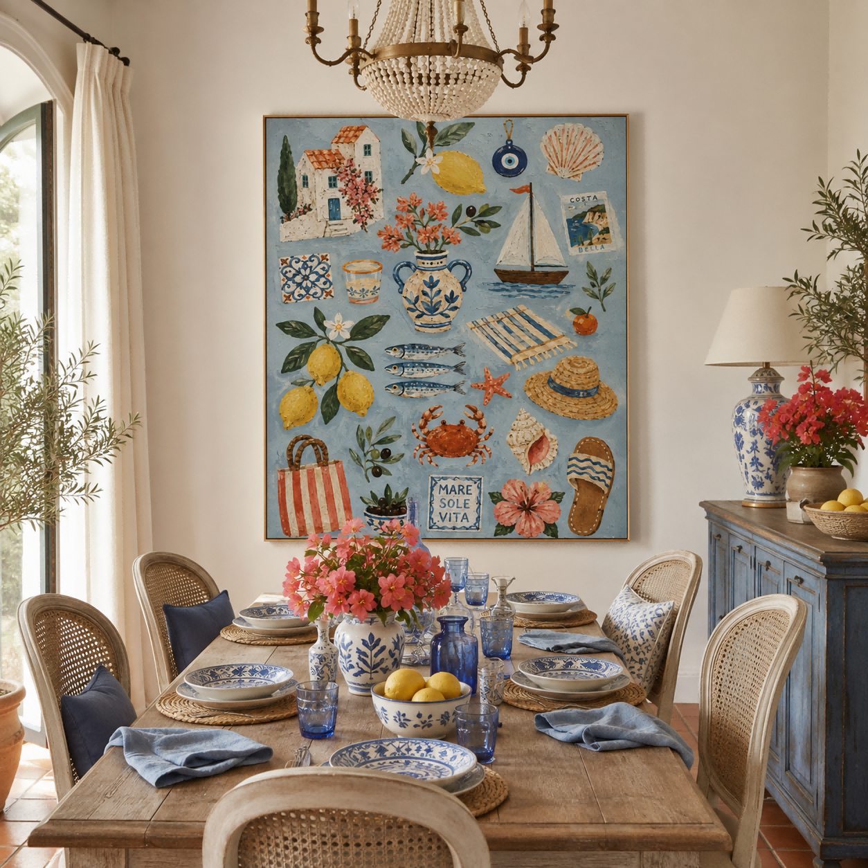 Mediterranean Bohemian Square Canvas Art With Lemons And Sea Life For Bright Living Room