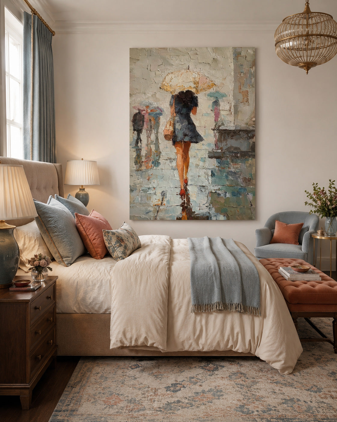 Rainy City Street Oil Painting Of Woman With Umbrella For Modern Home Decor