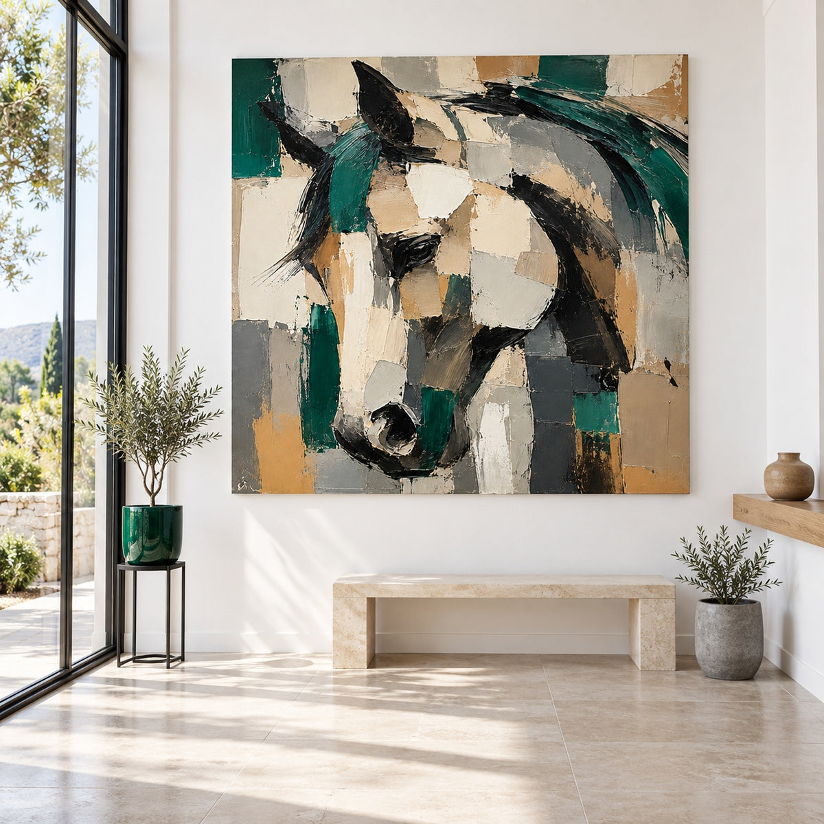 Abstract Geometric Horse Canvas Painting With Emerald Green And Beige Tones