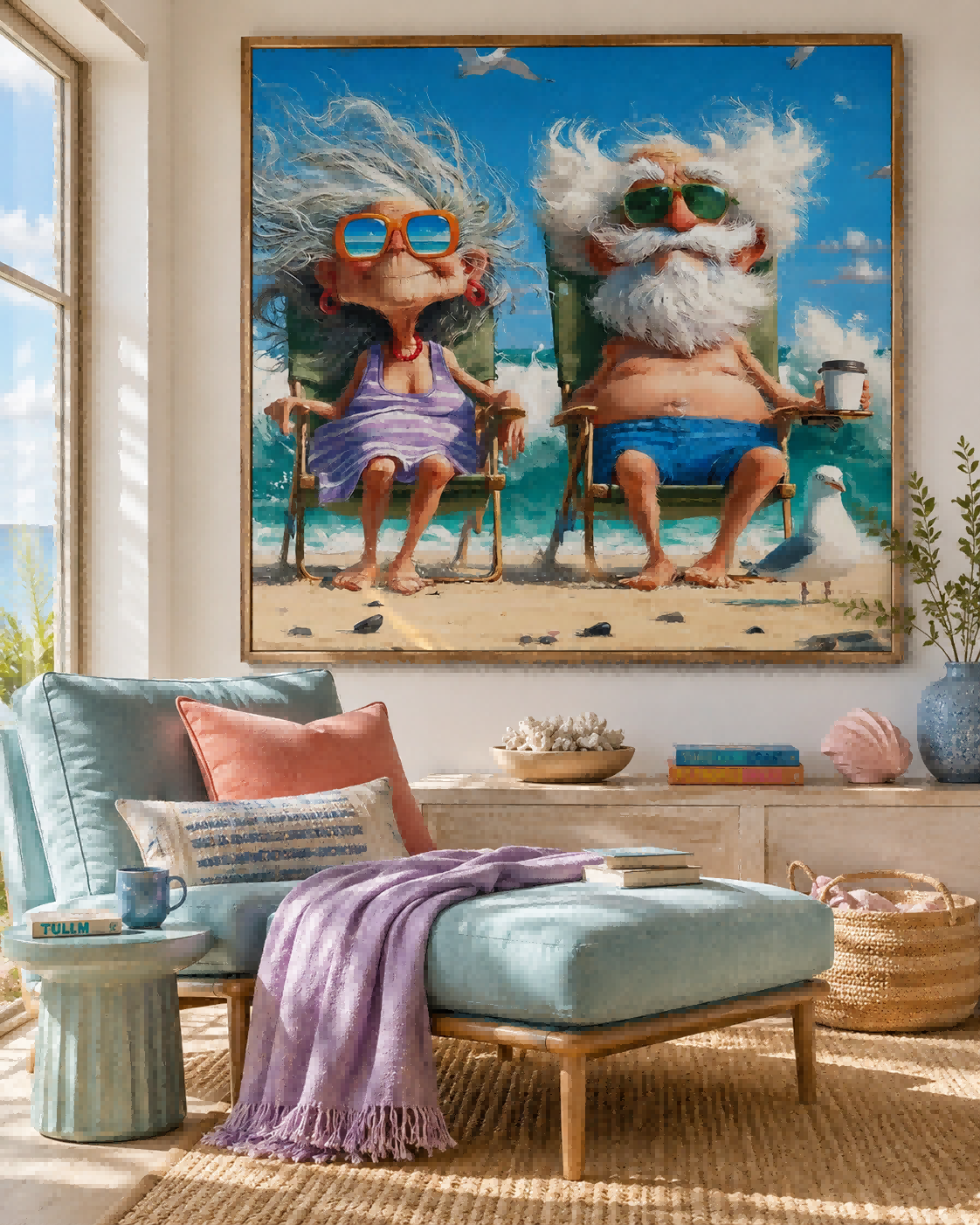 Quirky Modern Caricature Painting Of Seniors At Beach Great For Contemporary Wall Art Collections