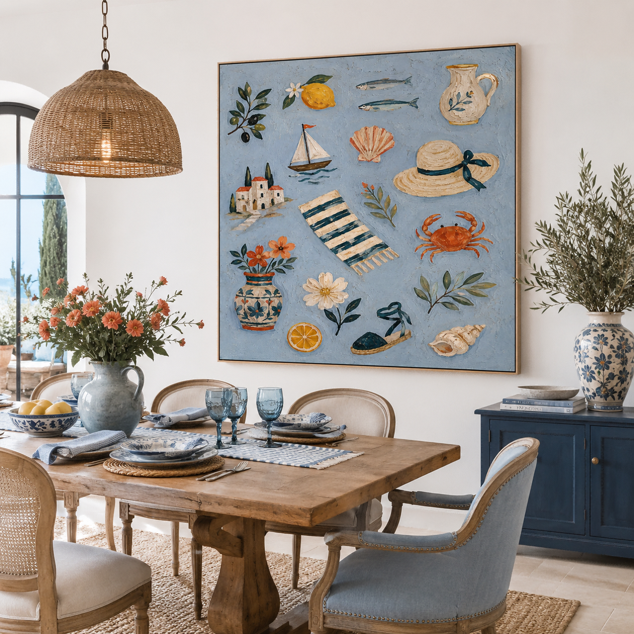 Mediterranean Bohemian Square Oil Painting With Sea Life And Lemons For Living Room Decor