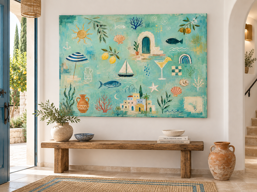 Modern Abstract Beach Decor Painting With Geometric And Organic Shapes