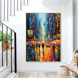 Original Urban Rain Scene oil Painting On Canvas Modern Wall Art Abstract Cityscape Painting Living room Wall Decor
