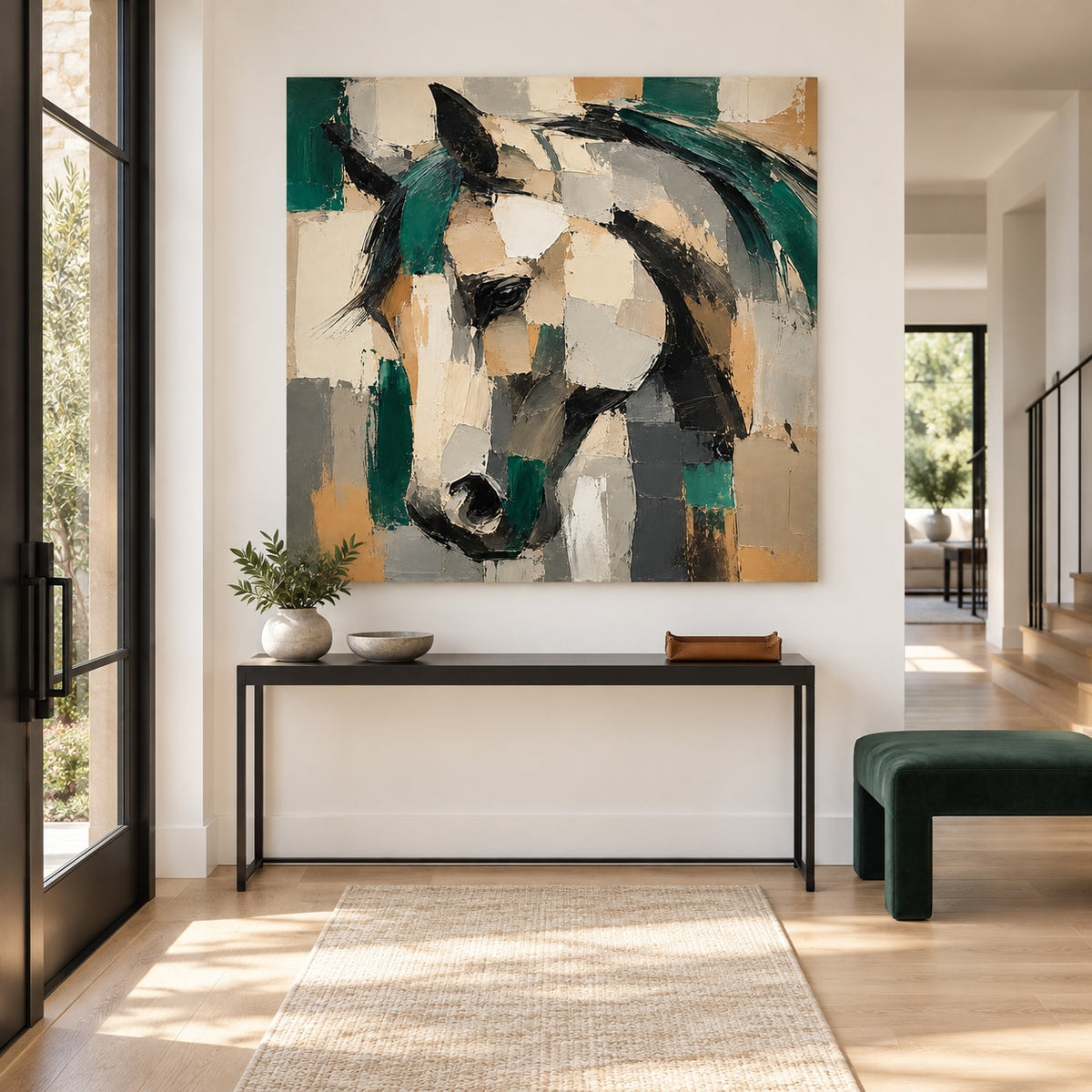 Abstract Geometric Horse Canvas Painting With Emerald Green And Beige Tones