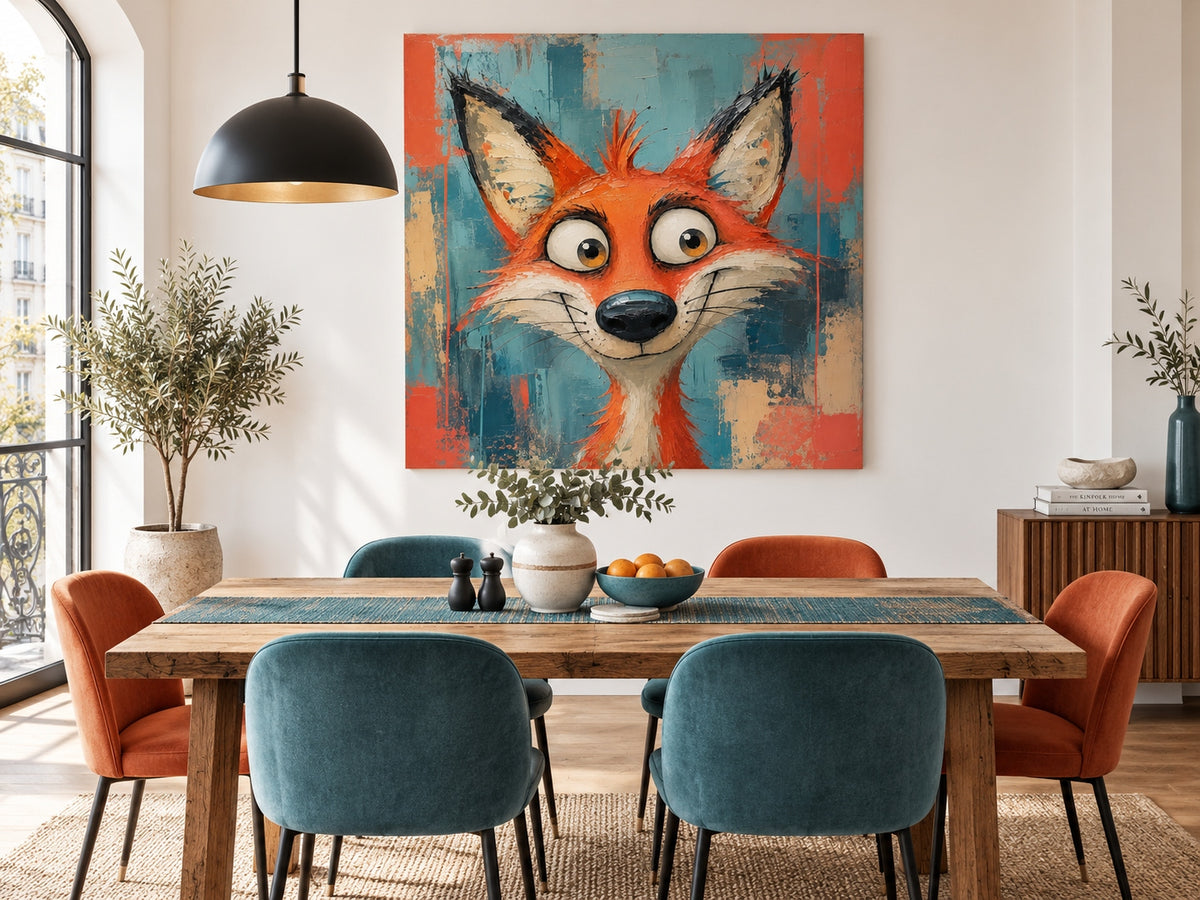 Funny Red Fox Portrait Canvas Painting With Big Eyes In Pop Art Style