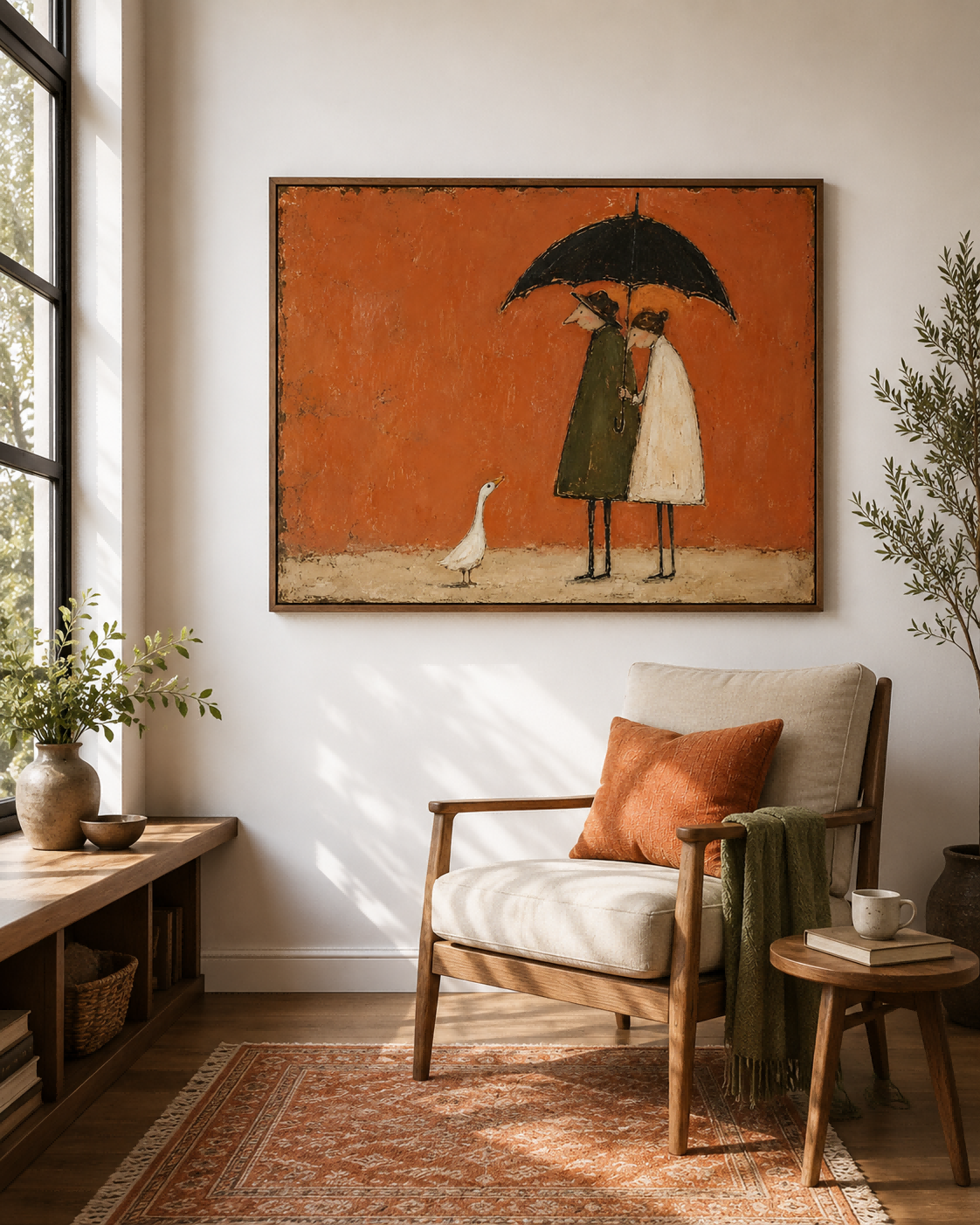 Couple With Umbrella And Goose Hand-Painted Canvas Art In Warm Rust Tones