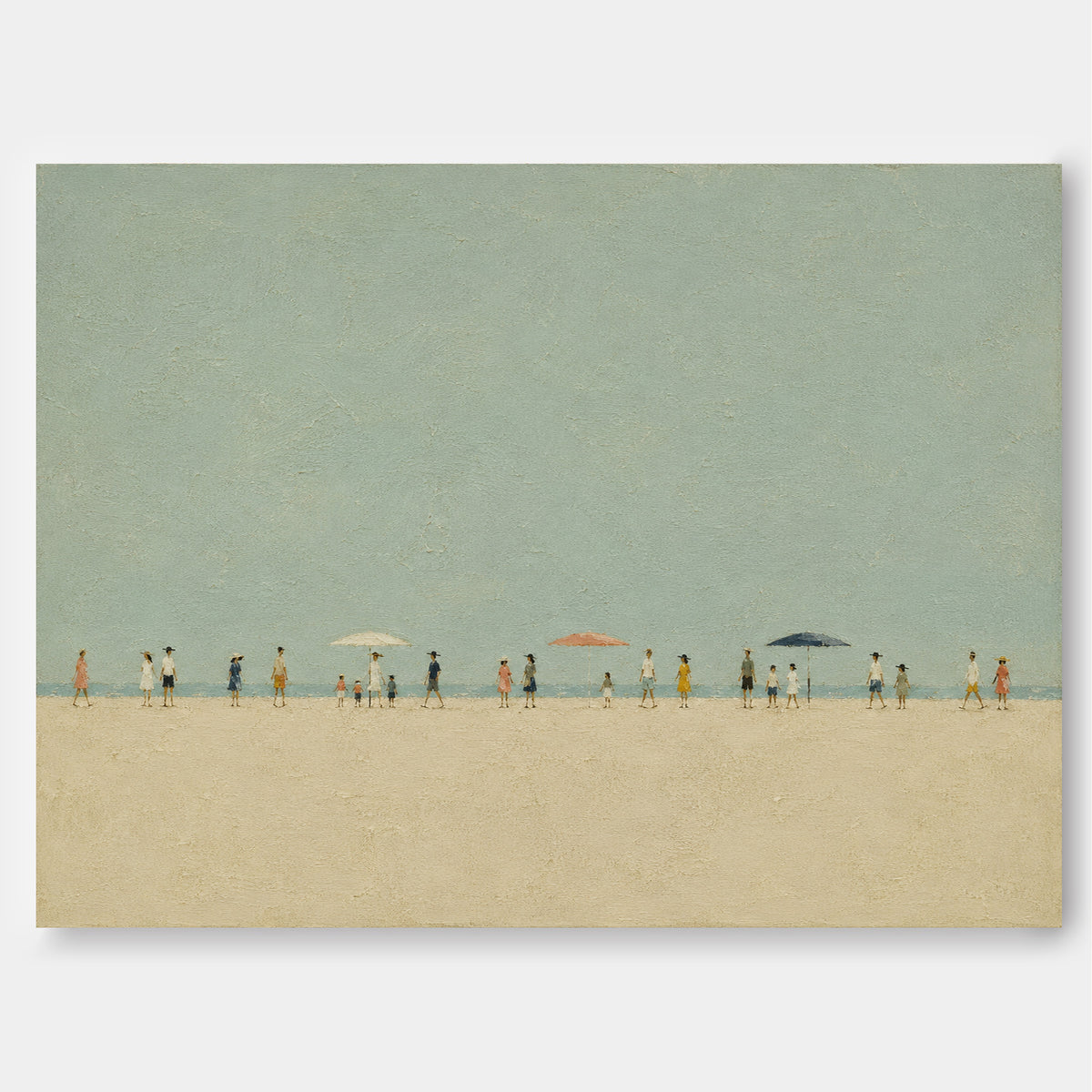 Hand-Painted Beach Scene With Figures And Umbrellas In Sage Green