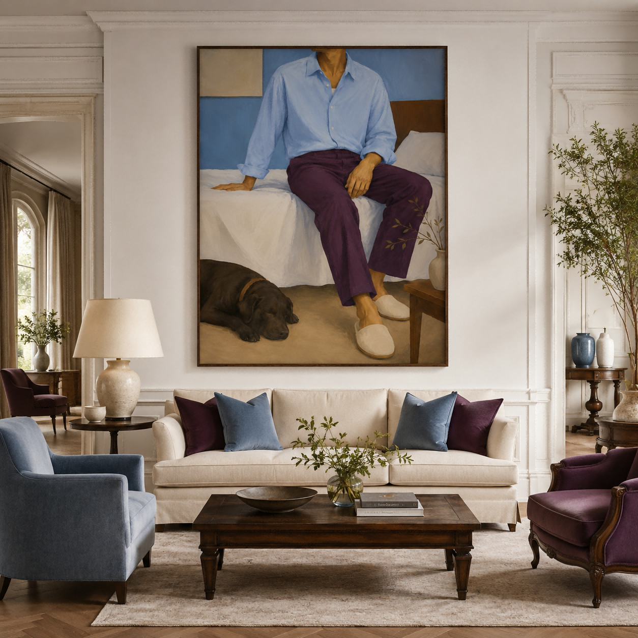 Modern Realist Oil Painting Of Casual Life And Companionship Cozy Bedroom Wall Art With Man And Pet Dog In Blue Tones