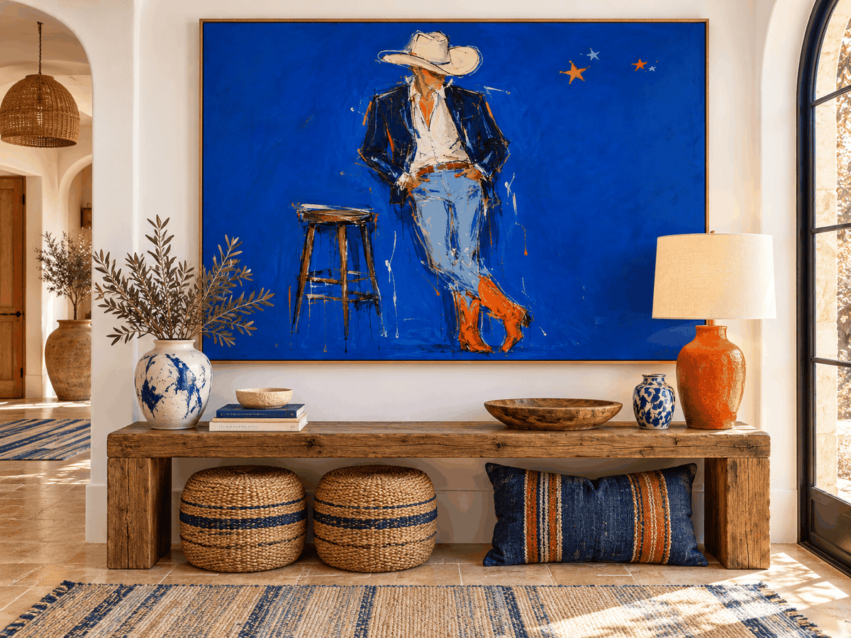 Cowboy In Blue Hand-Painted Canvas Art With Orange Boots For Modern Walls