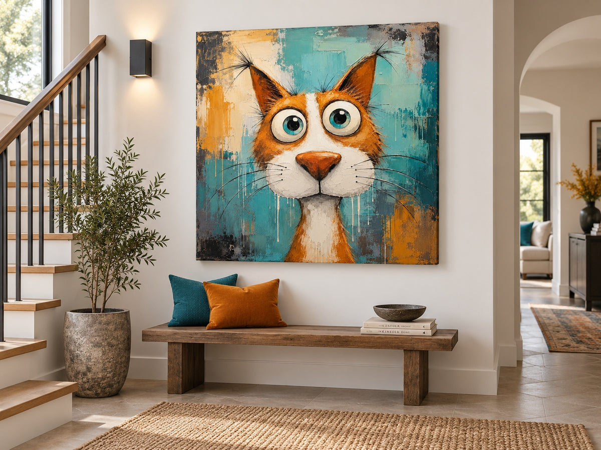 Modern Pop Art Cat Painting Abstract Textured Canvas For Home