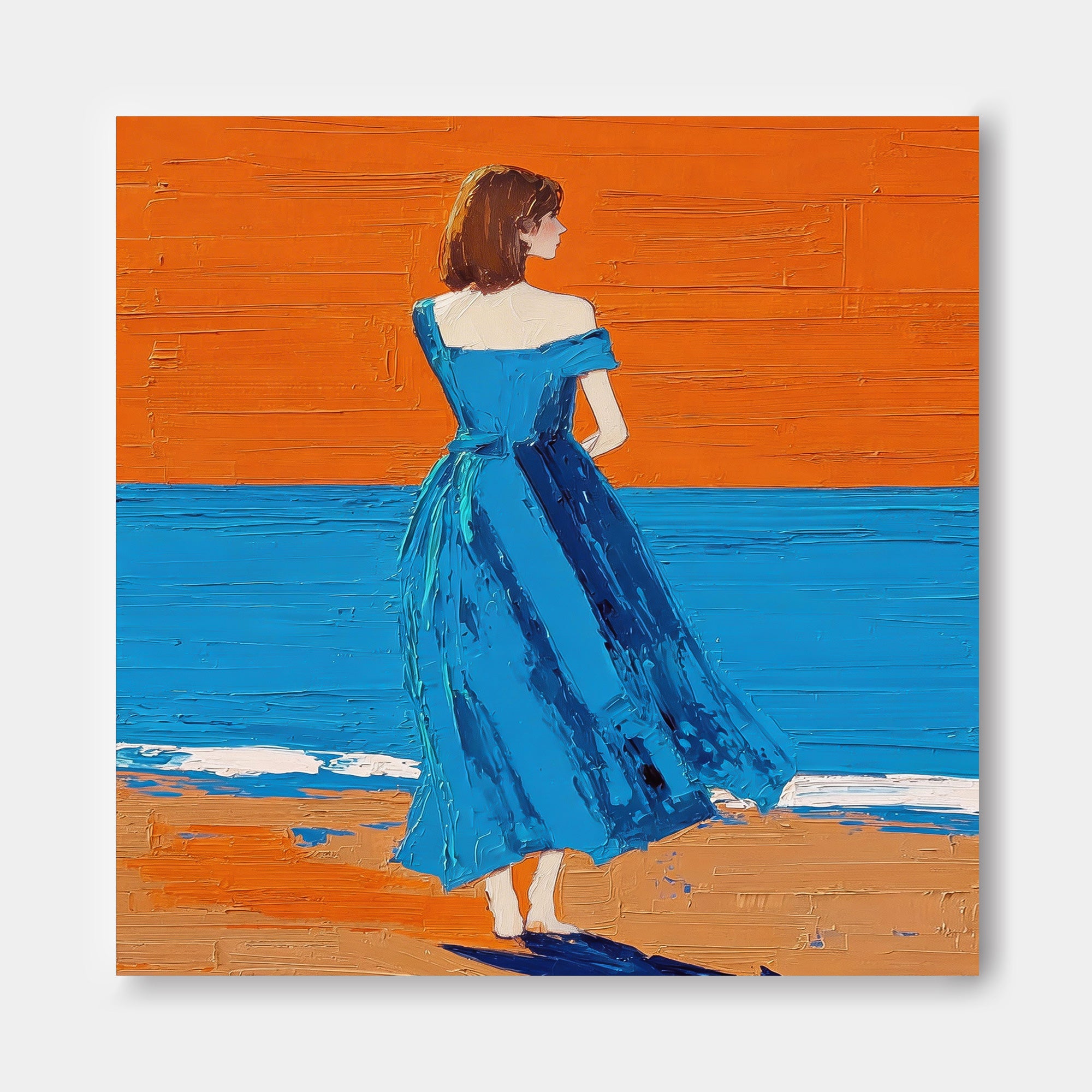 Expressive Figure Painting Solitary Woman At Sunset Beach For Living Room