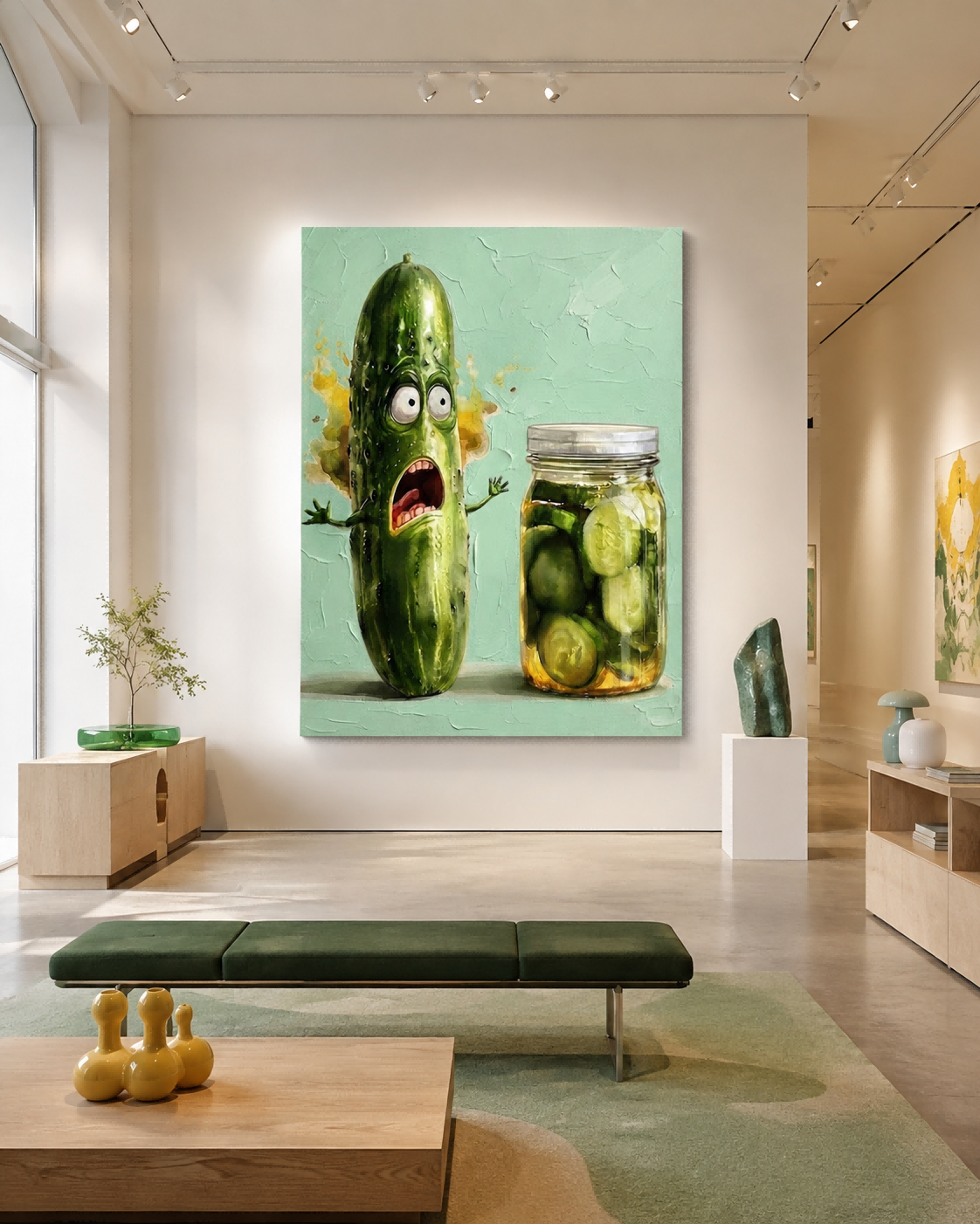 Funny Cucumber Painting For Modern Kitchen Wall Art Decor With Textured Green Pop Art Style