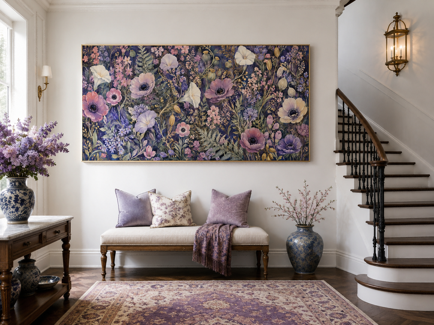 Romantic Vintage Floral Oil Painting With Deep Purple Background And Textured Wildflowers For Elegant Home Decor