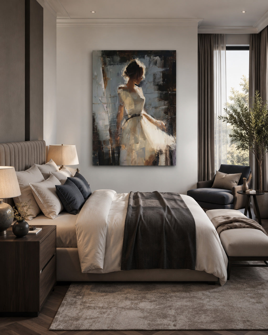 Modern Expressive Figure Art White Dress Woman Original Hand Painted Canvas For Bedroom