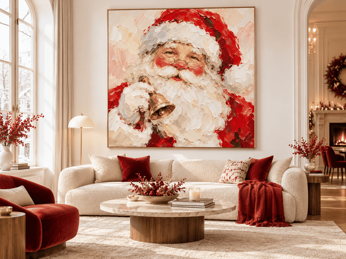 Smiling Santa With Golden Bell Hand-Painted Canvas Art In Red And White