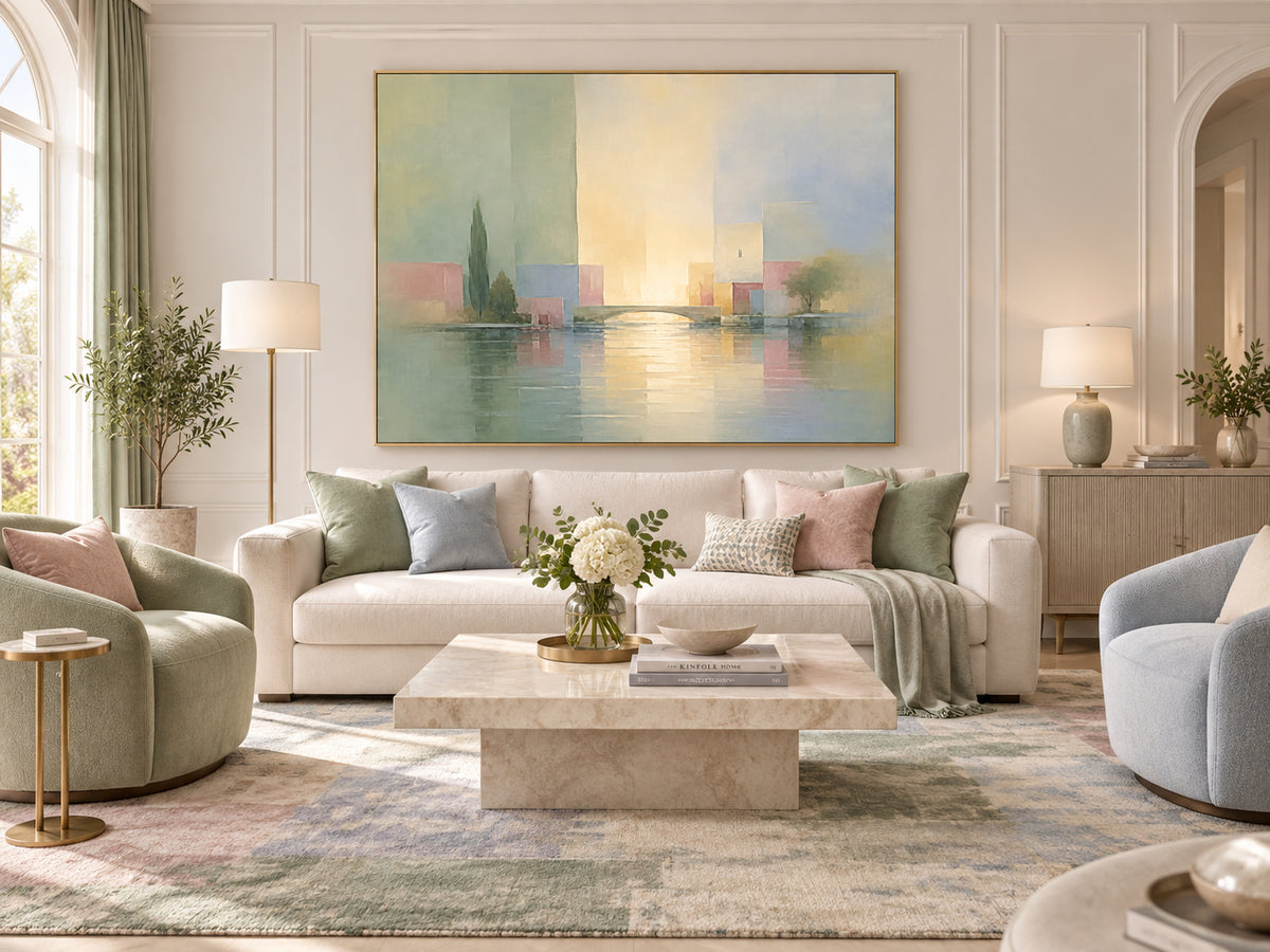Modern Impressionist Geometric Landscape Canvas Painting With Morandi Color Palette