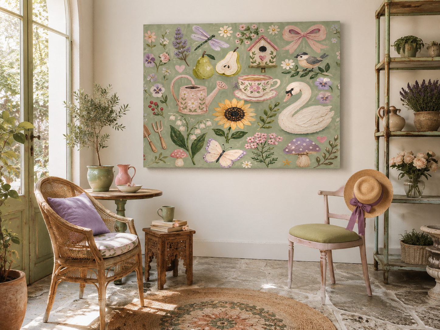 Pastoral Vintage Oil Painting With Sage Green Floral And Animal Motifs For Living Room Decor