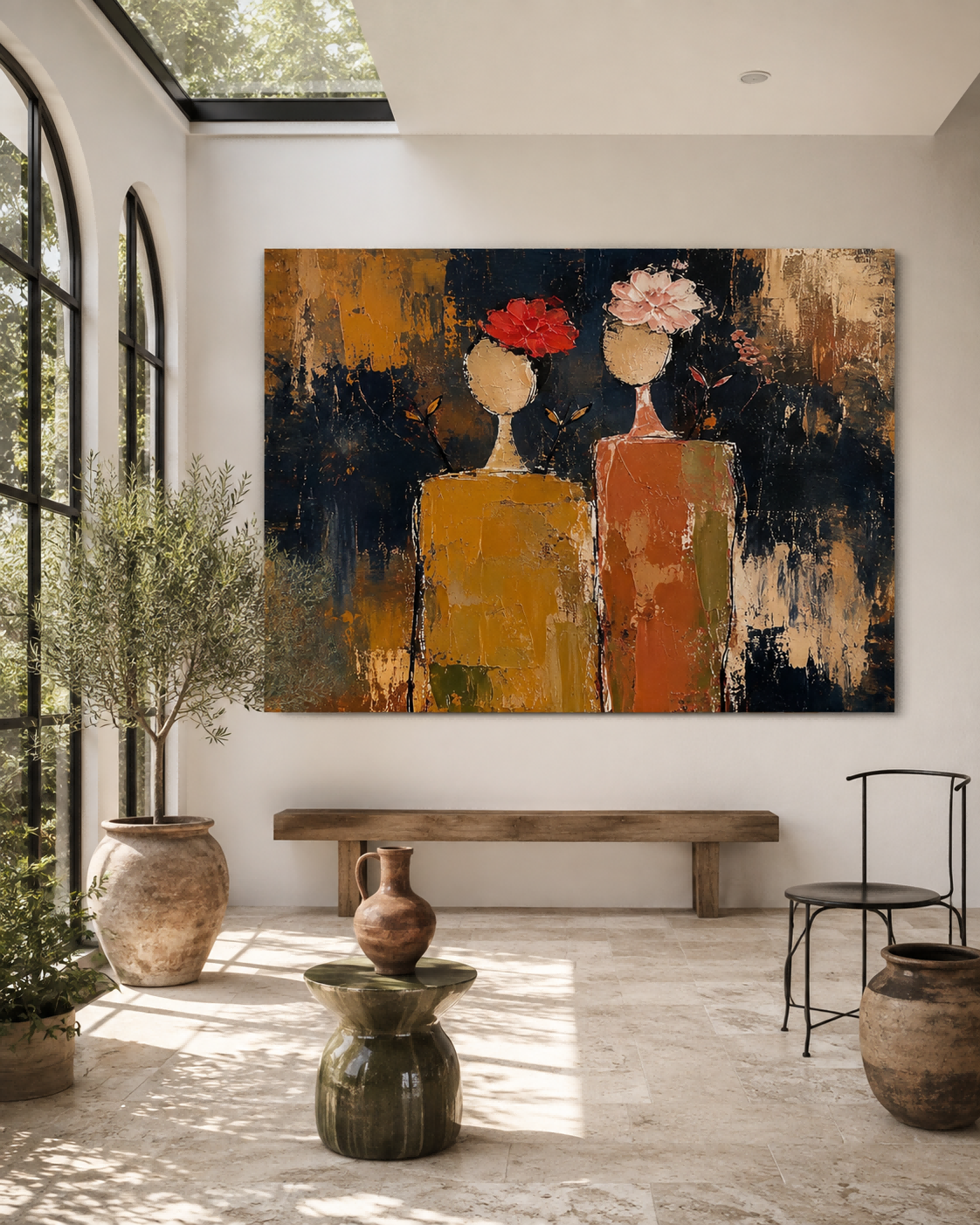 Vintage Modern Abstract Art Canvas Textured Painting With Pink And Red Flowers