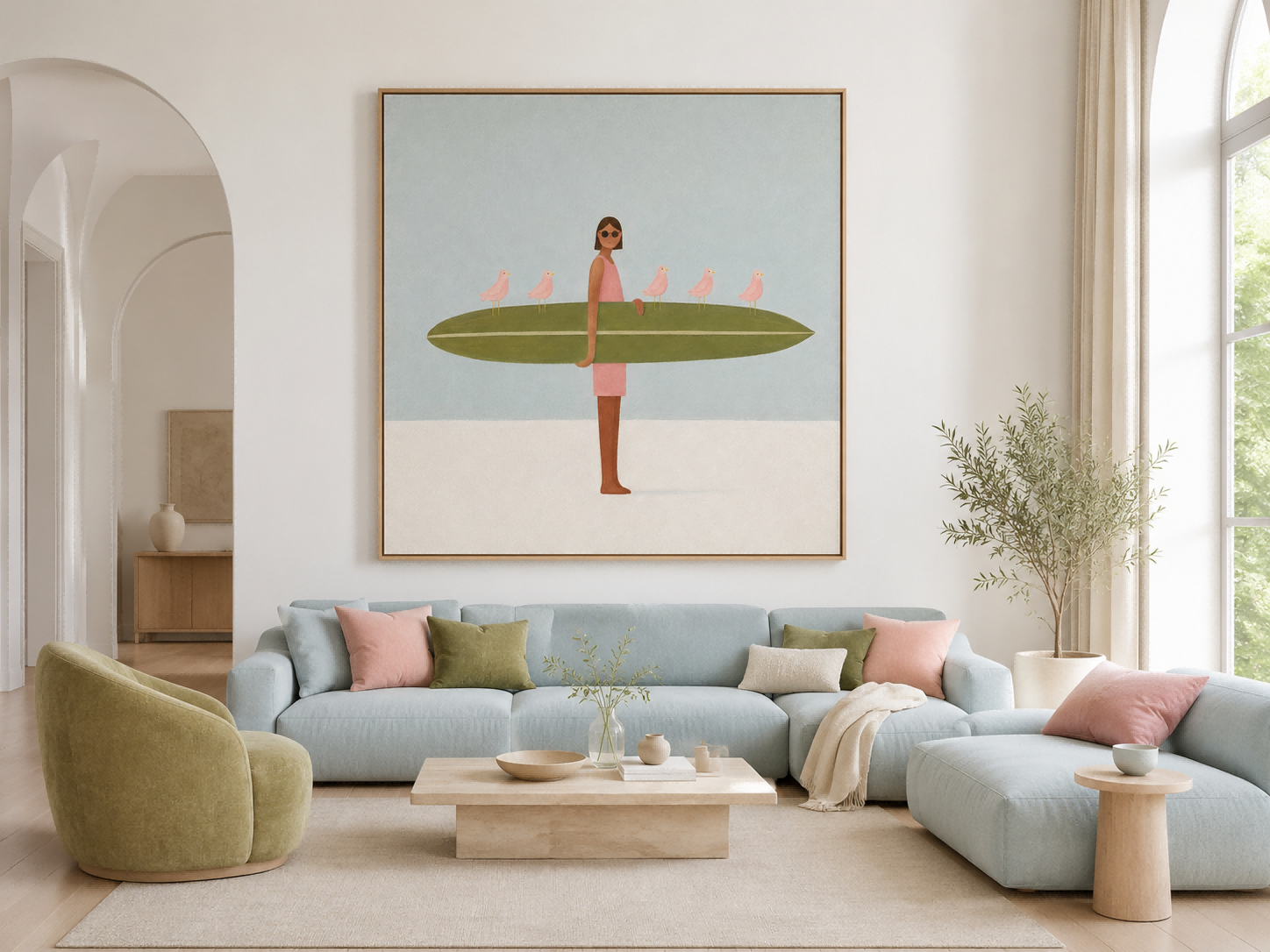 Hand-Painted Surfboard Girl With Birds Abstract Canvas Art In Green And Pink