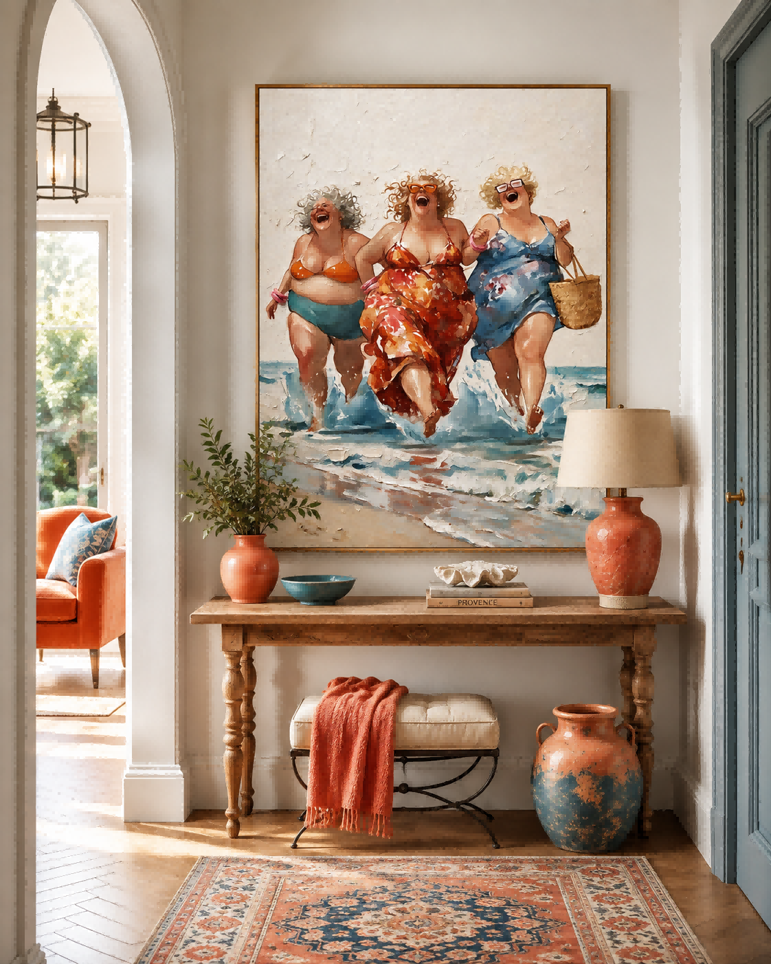 Vibrant Beach Friends Painting With Expressive Brushwork For Living Room Decor