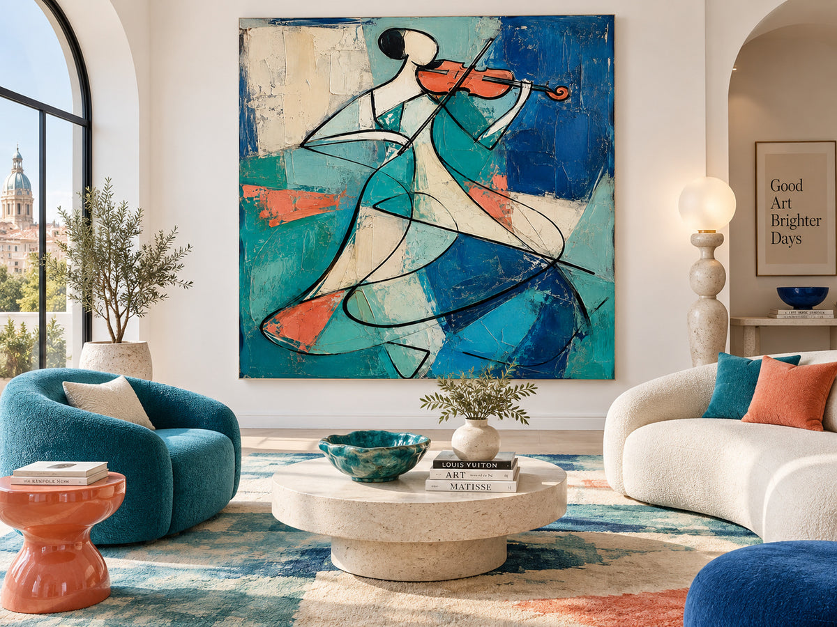 Cubist Style Geometric Abstract Painting With Textured Blue And Orange Tones