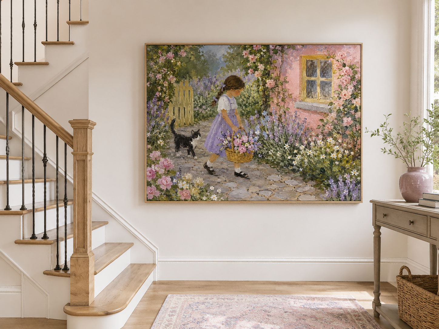 Romantic Impressionist Style Oil Painting Of A Flower Garden Hand-Painted Garden Scene With Girl And Cat Canvas Art