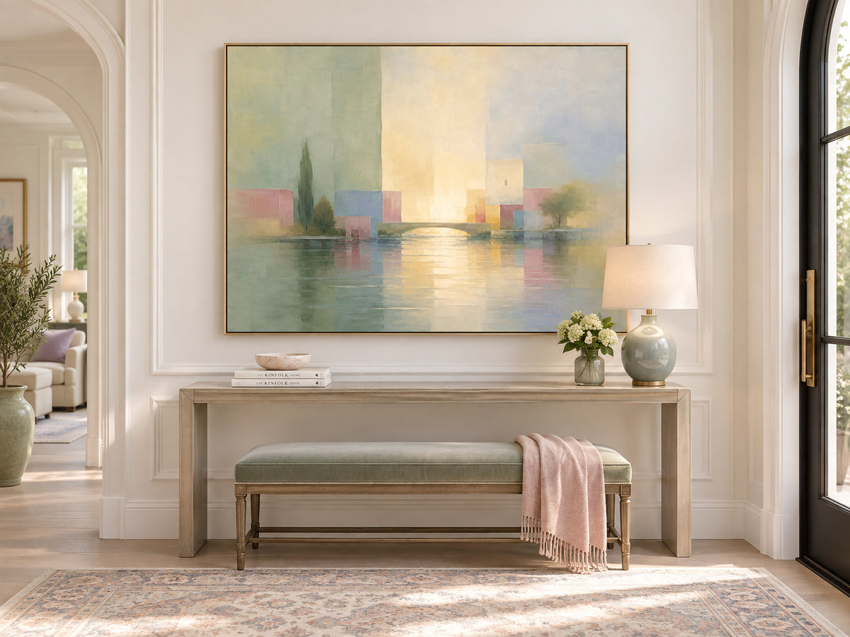 Modern Impressionist Geometric Landscape Canvas Painting With Morandi Color Palette