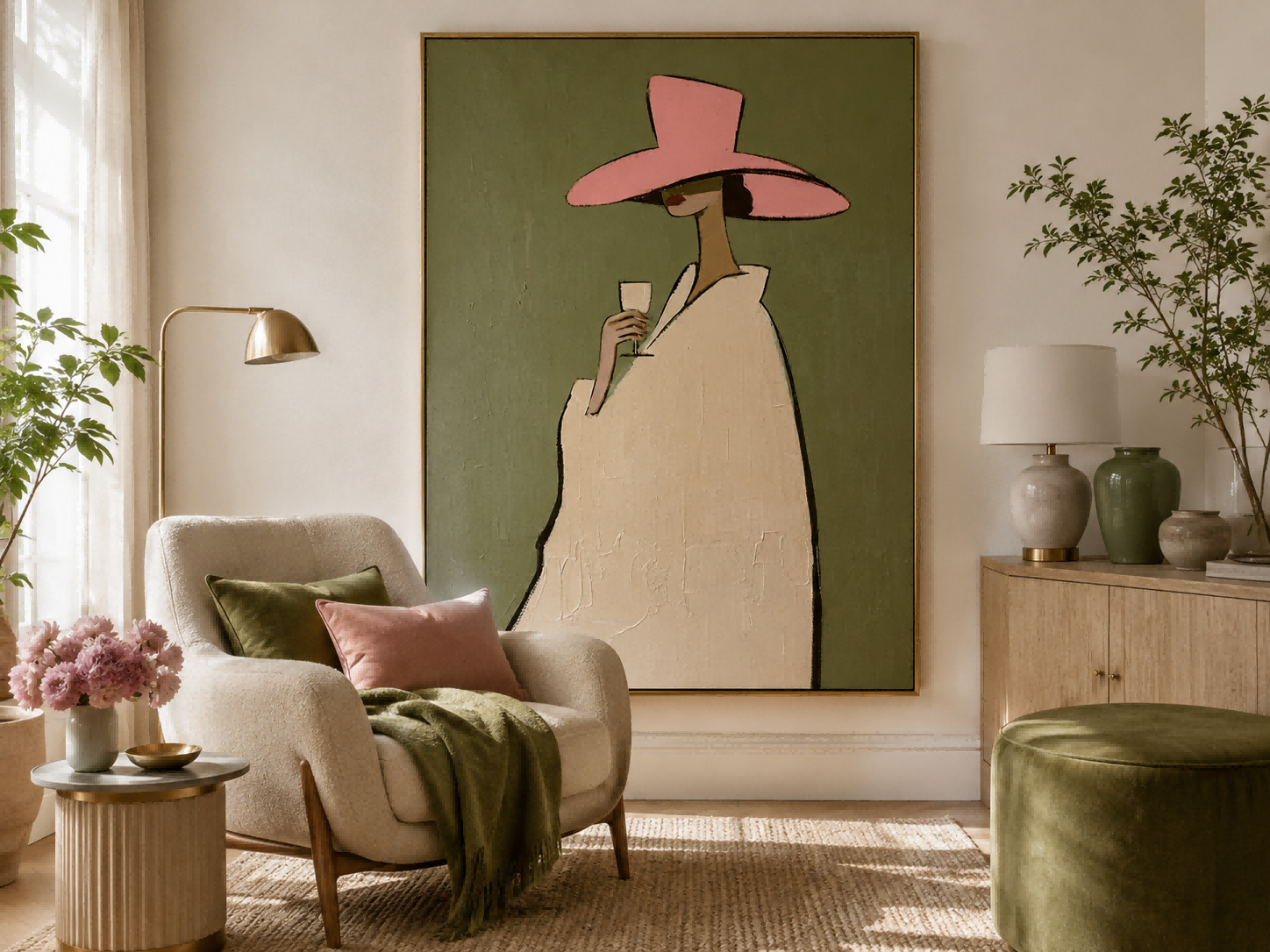 Original Oil Painting Of Elegant Lady With Wine Glass On Canvas