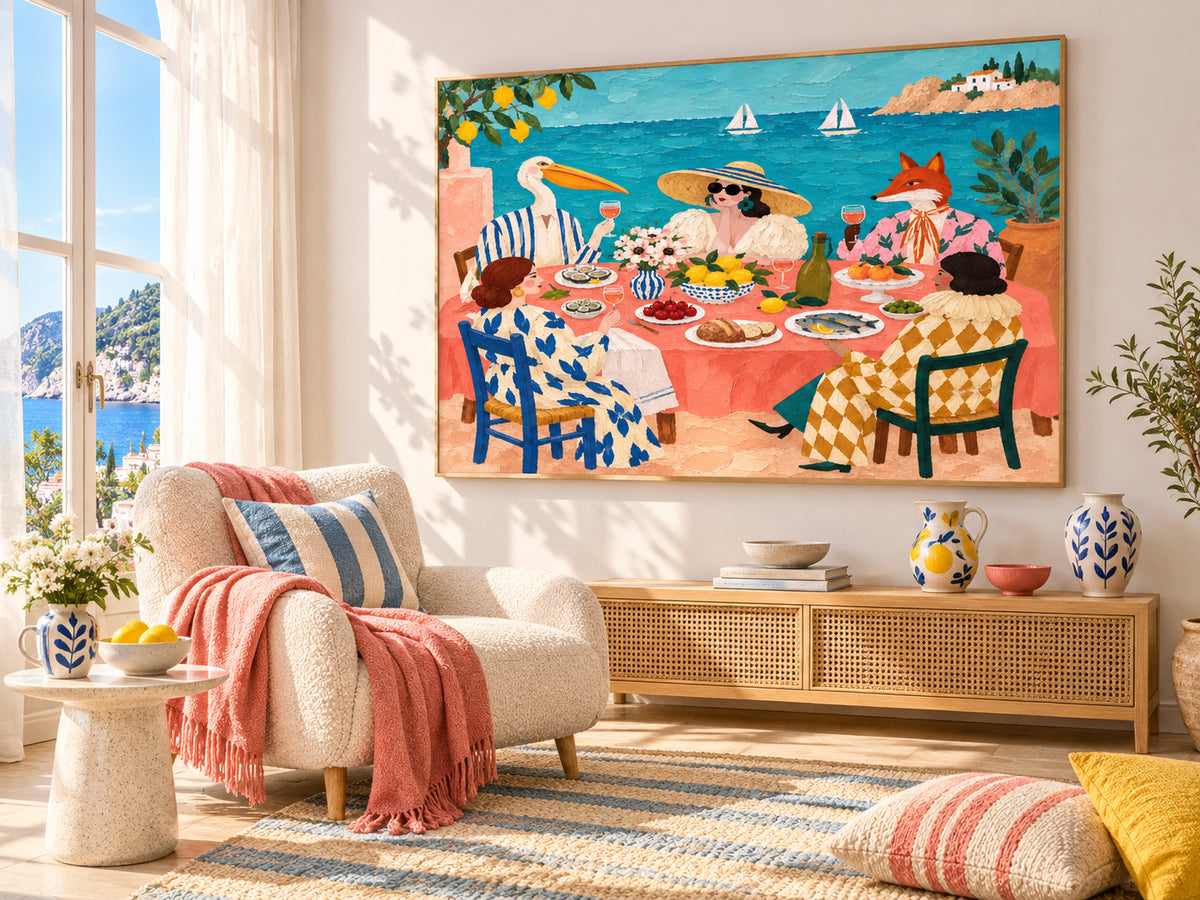 Vintage Surrealism Canvas Painting Bright Impasto Texture Art Mediterranean Dining Room Wall Art Colorful Ocean View Painting