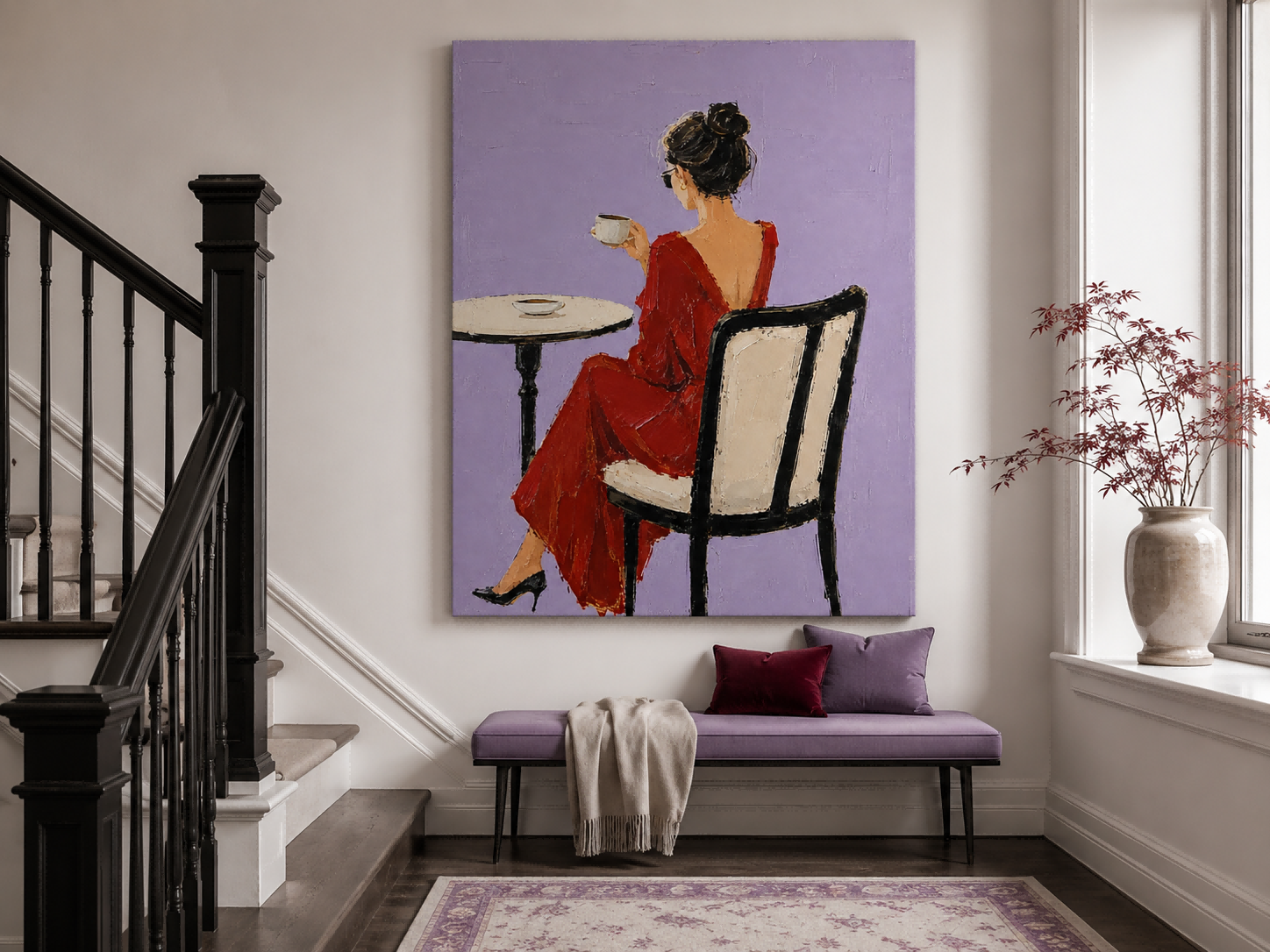 Elegant Red Dress Woman Painting Minimalist Purple Background Impasto Oil Art For Living Room Decor