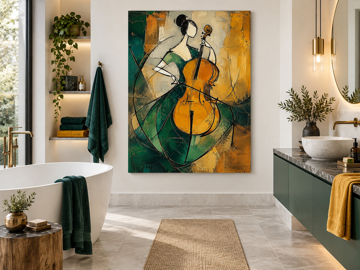Cubist Style Minimalist Oil Painting With Textured Emerald And Gold Tones