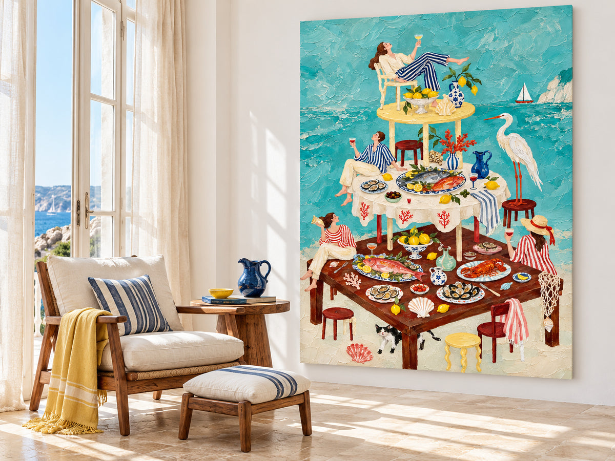 Mediterranean Dining Room Wall Art Vintage Style Seafood Painting Textured Surrealist Modern Art