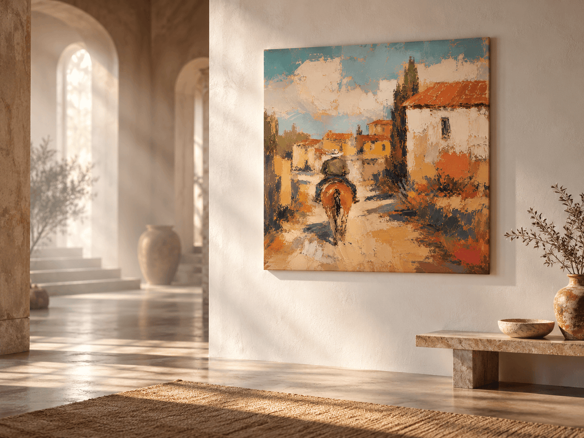 Impressionist Tuscan Style Painting Warm Tones Textured Square Canvas