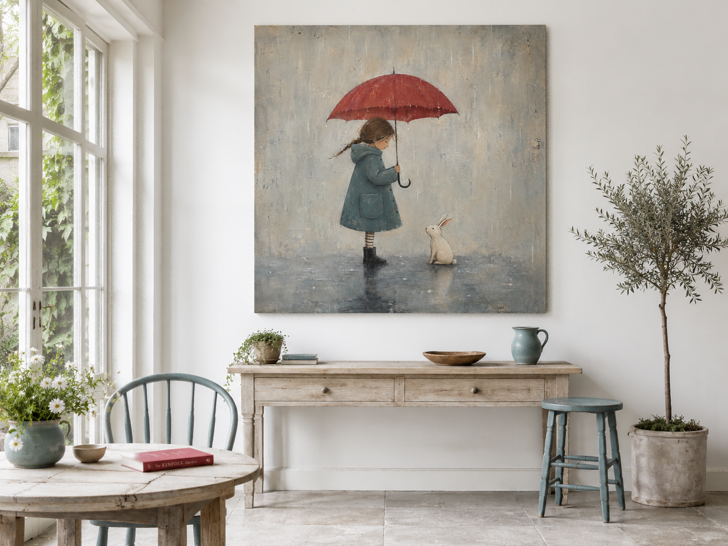 Original Hand Painted Girl And Bunny In Rain Square Artwork For Modern Interior Design