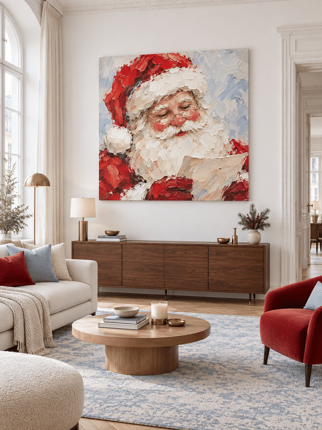 Modern Minimalist Santa Portrait Textured Oil Painting Holiday Gift Art