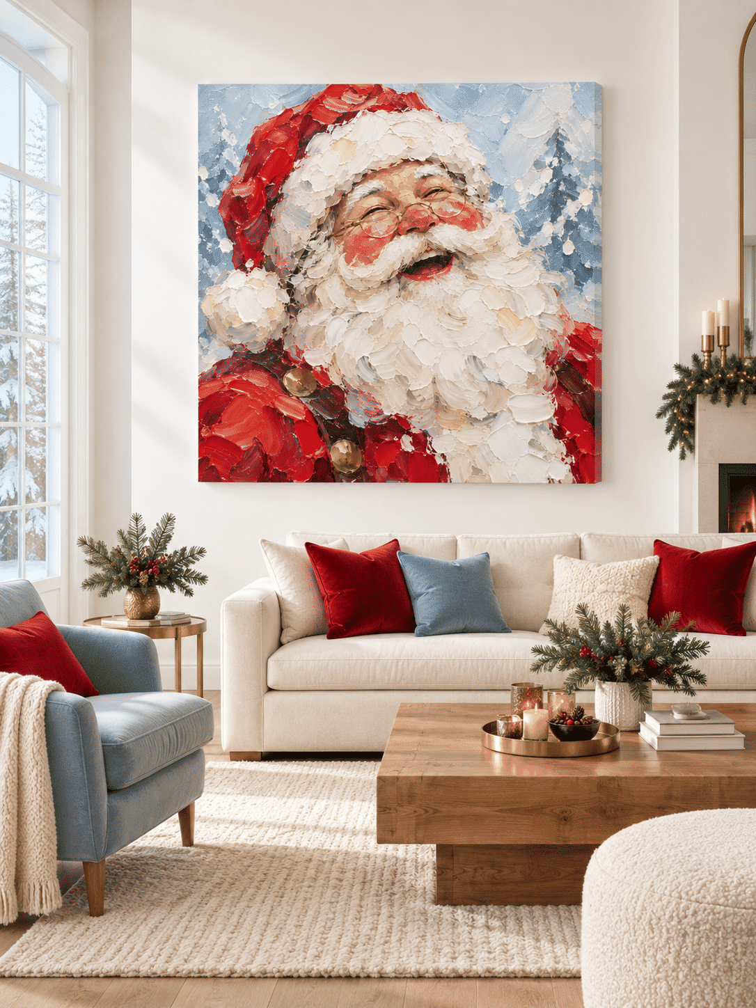 Hand-Painted Laughing Santa Portrait With Textured Red And Blue Canvas Art