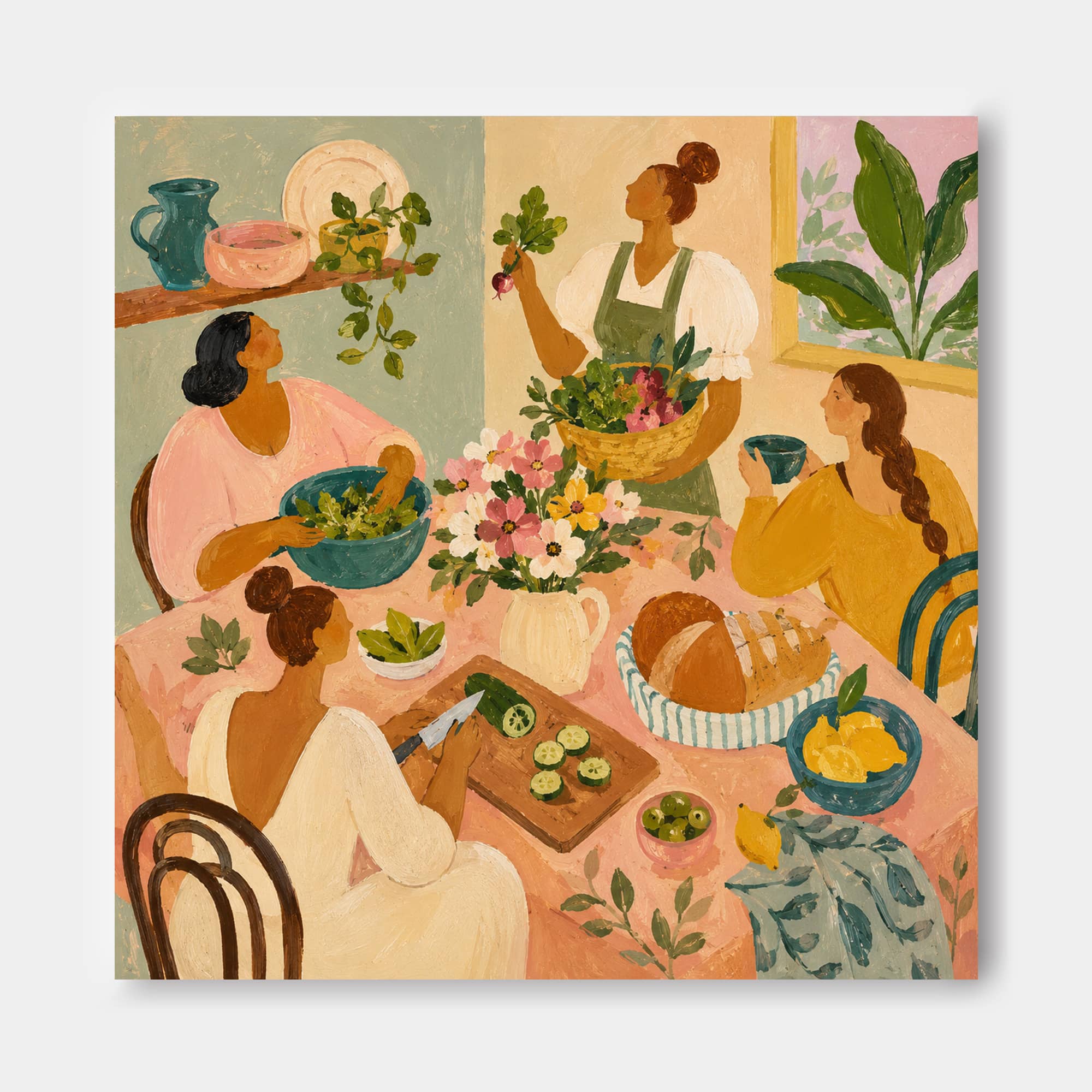 Art Deco Dining Room Wall Art Colorful Women Gathering Canvas Painting