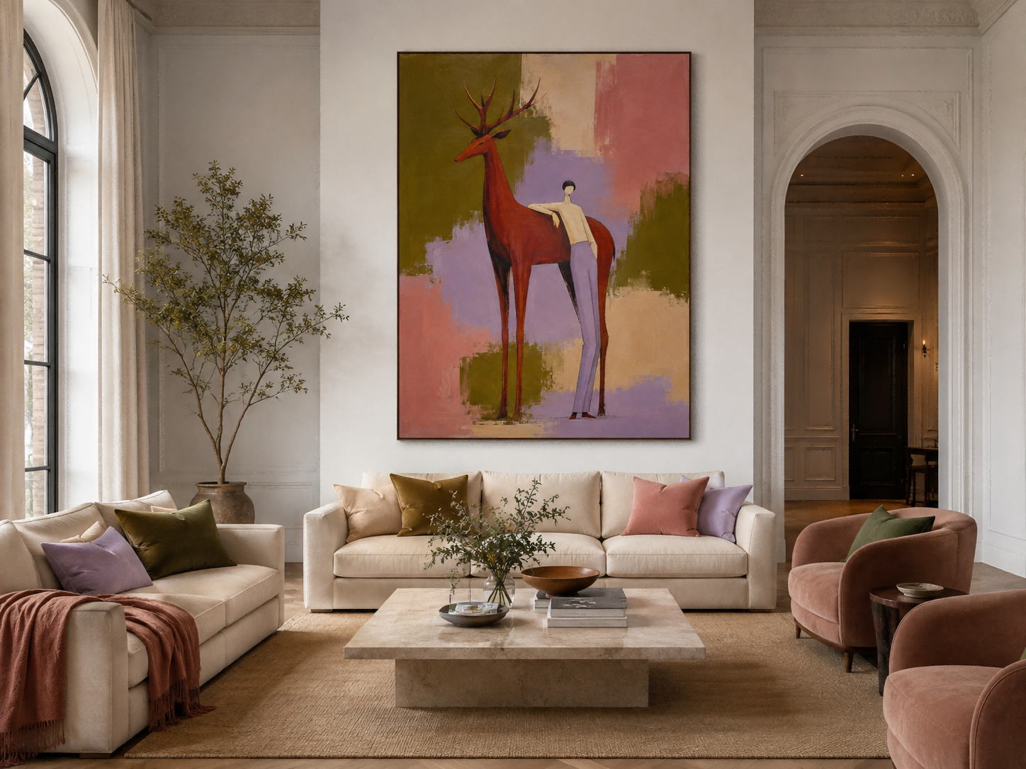 Abstract Man And Red Deer Canvas Painting Hand-Painted Wall Art