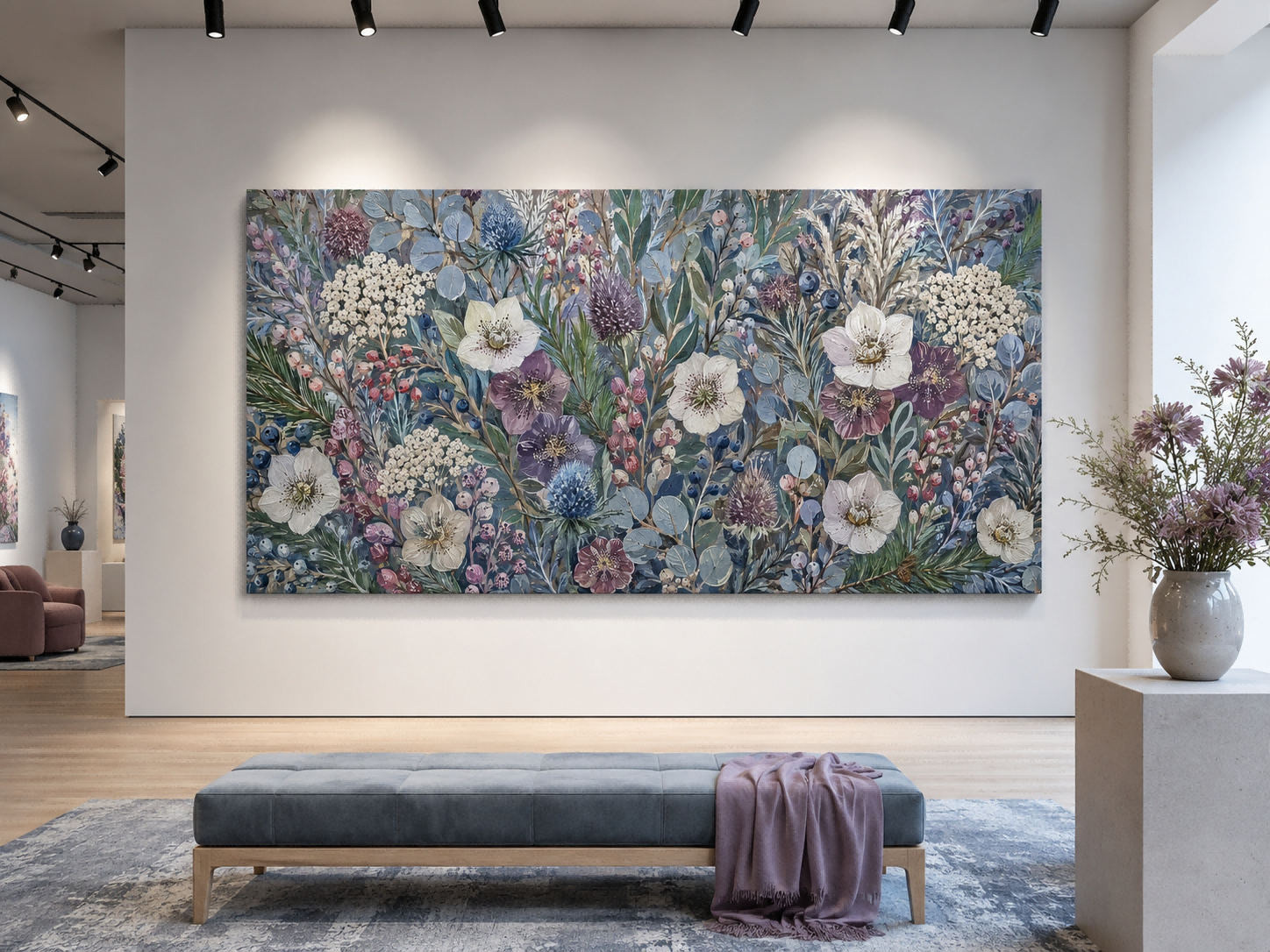 Vintage Blue Floral Oil Painting Textured Art For Elegant Living Room Decor