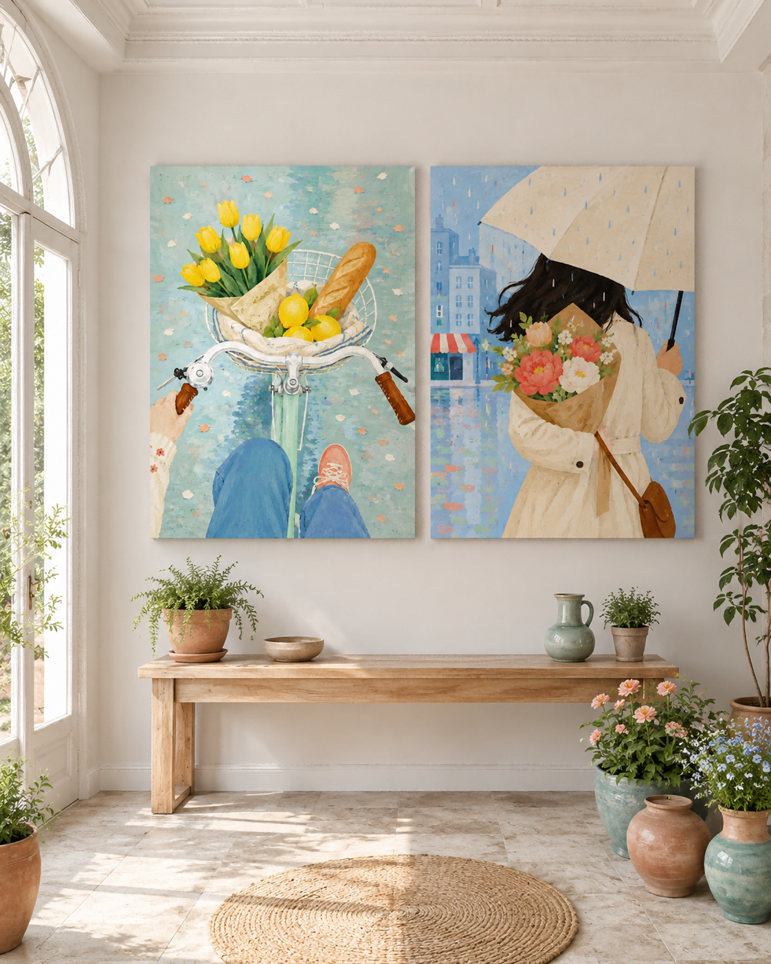 Hand-Painted Floral And City Life Diptych Canvas Art With Yellow Tulips